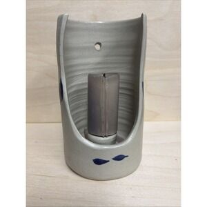 Williamsburg Pottery Gray Candlestick‎ Taper Candle Holder Blue Painted Leaves
